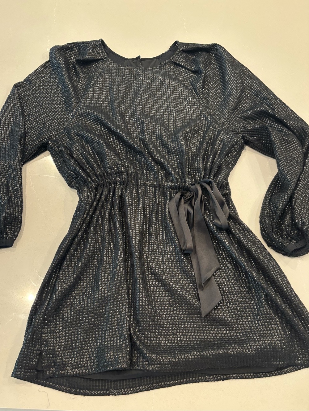 Something Navy Black Metallic Long-Sleeve Tie-Waist Dress